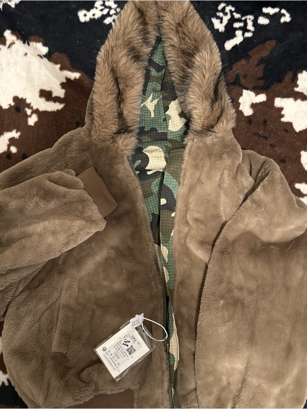 Plush Hooded Jacket with Camo Lining - Taupe